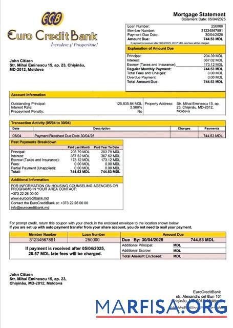 Blank Moldova EuroCreditBank mortgage statement Word and PDF template